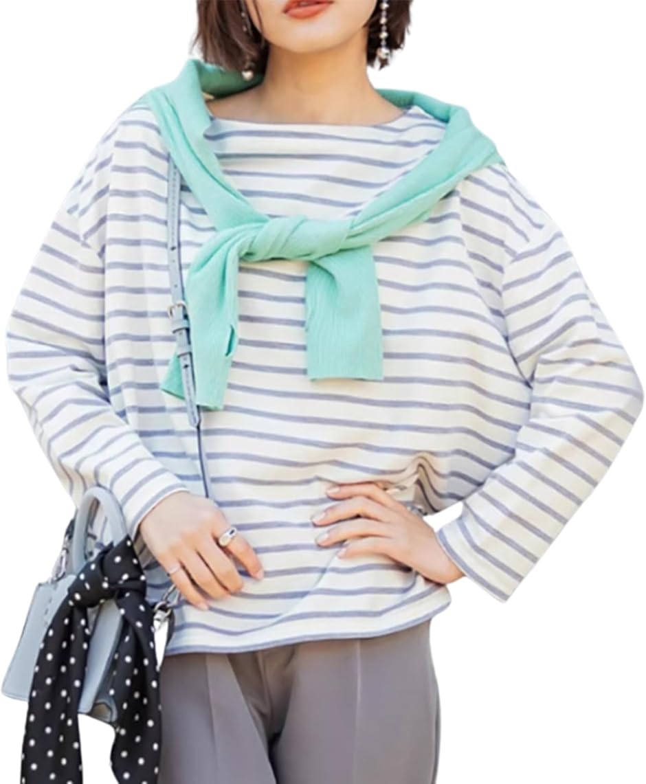 オフィスカジュアル レディース トップス カットソー ボーダー 長袖 レディーストップス ボーダーtシャツ(白xグレーボーダー,  M) | ブランド登録なし