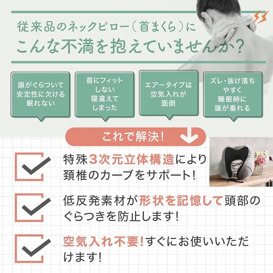 現役整形外科医監修魔法のネックピロー 飛行機 快適グッズ 予備カバー付 トラベルピロー 超軽量270g 首枕 旅行(ブラック,  大) | ブランド登録なし | 02
