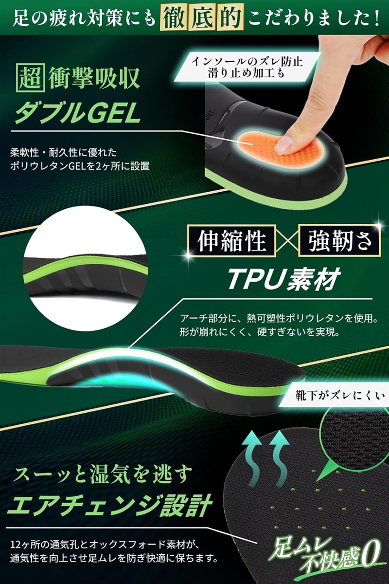 整形外科医推薦モデルインソール 衝撃吸収 靴中敷き(ブラック＆グリーン,  M（26.0cm〜27.0cm）) | ブランド登録なし | 02