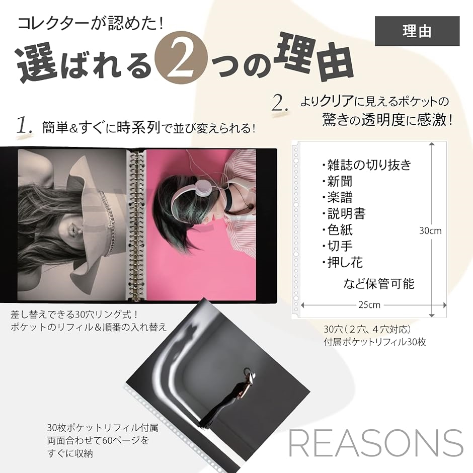 雑誌 切り抜き マガジン クリア ファイル A4変形ワイド 30穴リング クリアポケットリフィル26枚付属( 黒) | ブランド登録なし | 03