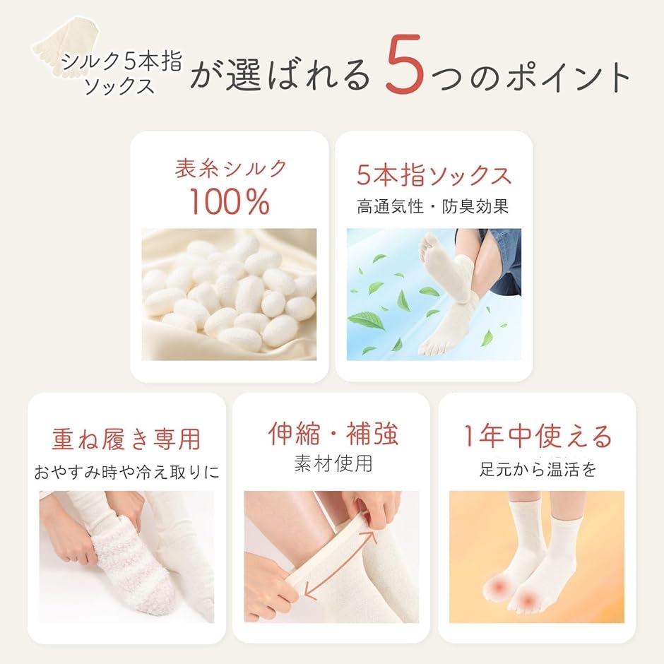 日本製 シルク 靴下 5本指 レディース 重ね履き 絹 23.0〜25.0cm 2足セット(23.0-25.0 cm) | ブランド登録なし | 03