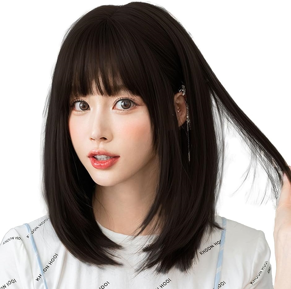 ウィッグ ボブ 耐熱 ミディアム 小顔 自然 フルウィッグ セミロング wig コスプレ MDM( ブラック,  前髪14cm、後ろ髪38cm) | ブランド登録なし