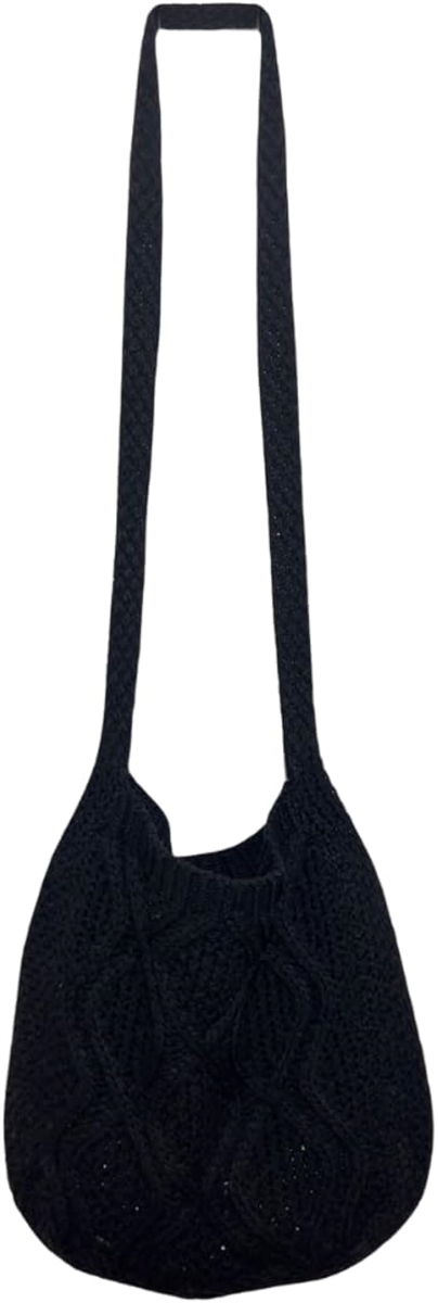 編みバッグ レディース ケーブル編み 網バッグ ニット ショルダー トートバッグ 編み込み( ブラック)