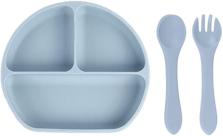 ベビー食器3点セット 出産祝い シリコン プレート フォーク スプーン お皿 吸盤付き ワンプレート blue( dusty blue)
