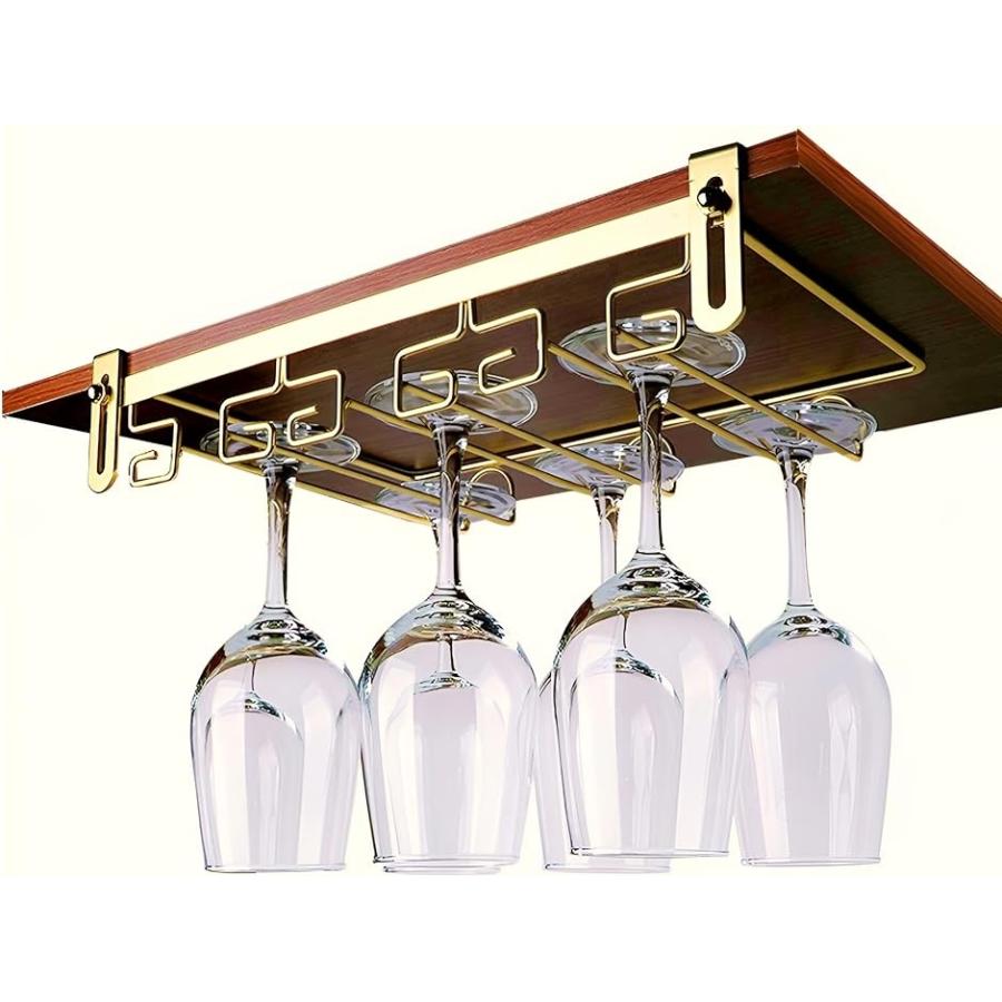 数量限定セールワイングラスホルダー 高さ調整可能 吊り下げ グラス収納 穴あけ不要 ネジ止め対応 グラススタンド キッチン MDM( 3レーン：ゴールド)