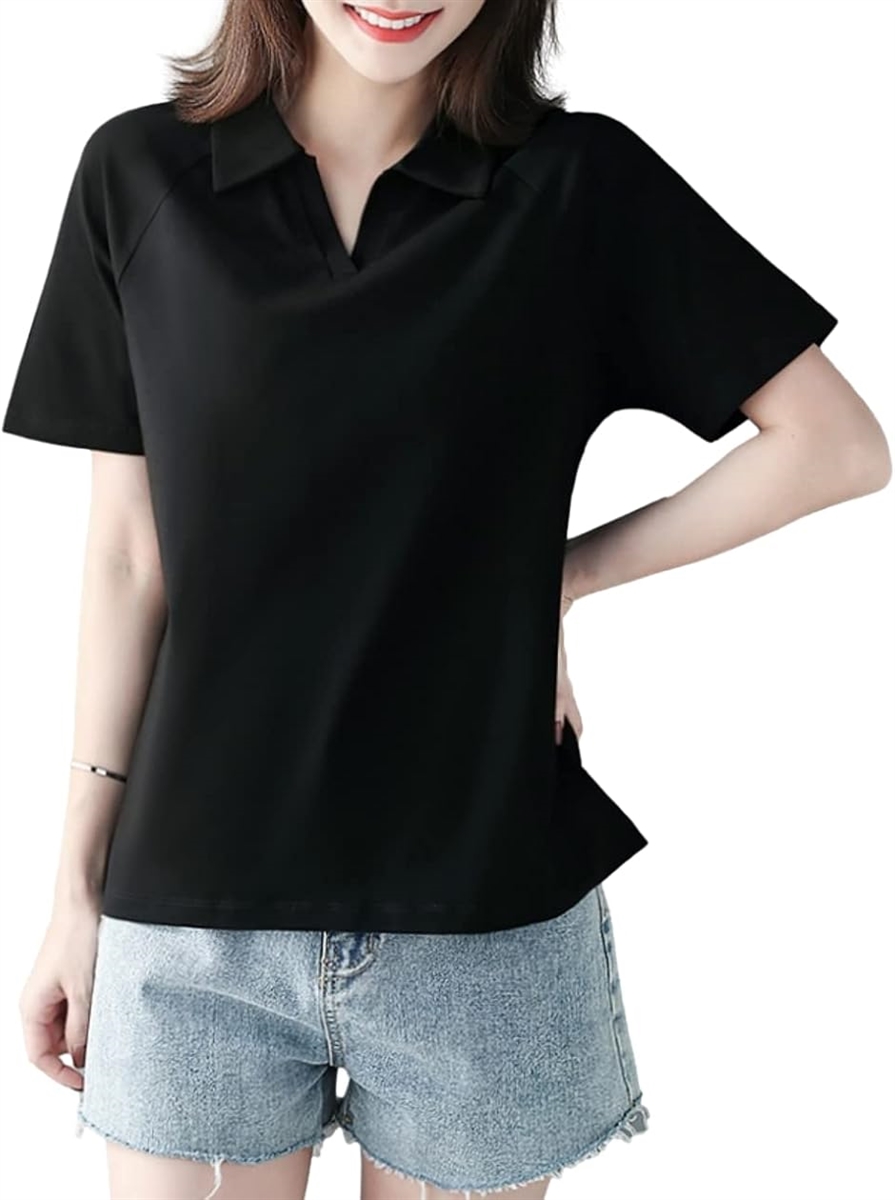 ポロ シャツ Tシャツ 半袖 無地 襟付き Vネック キレイメ レディース 黒( ブラック,  L) | ブランド登録なし