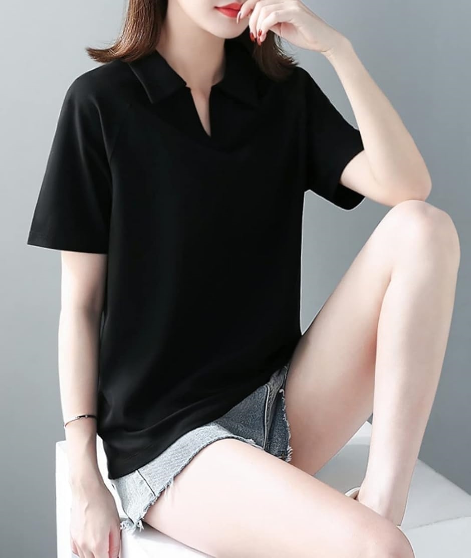 ポロ シャツ Tシャツ 半袖 無地 襟付き Vネック キレイメ レディース 黒( ブラック,  L) | ブランド登録なし | 03