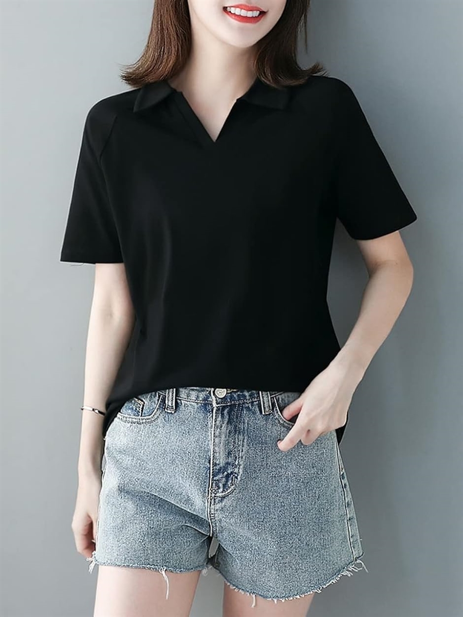 ポロ シャツ Tシャツ 半袖 無地 襟付き Vネック キレイメ レディース 黒( ブラック,  L) | ブランド登録なし | 07