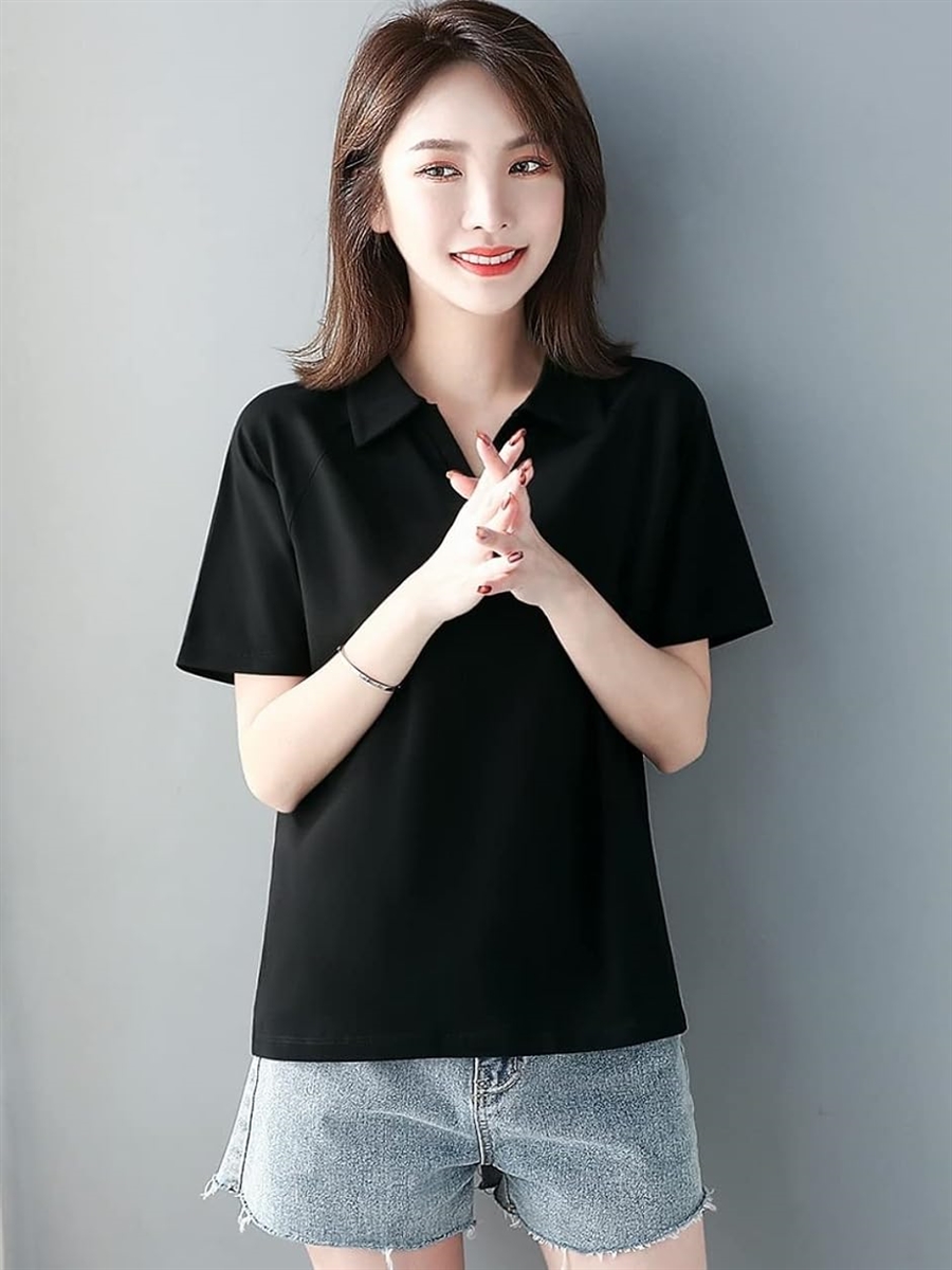 ポロ シャツ Tシャツ 半袖 無地 襟付き Vネック キレイメ レディース 黒( ブラック,  L) | ブランド登録なし | 08