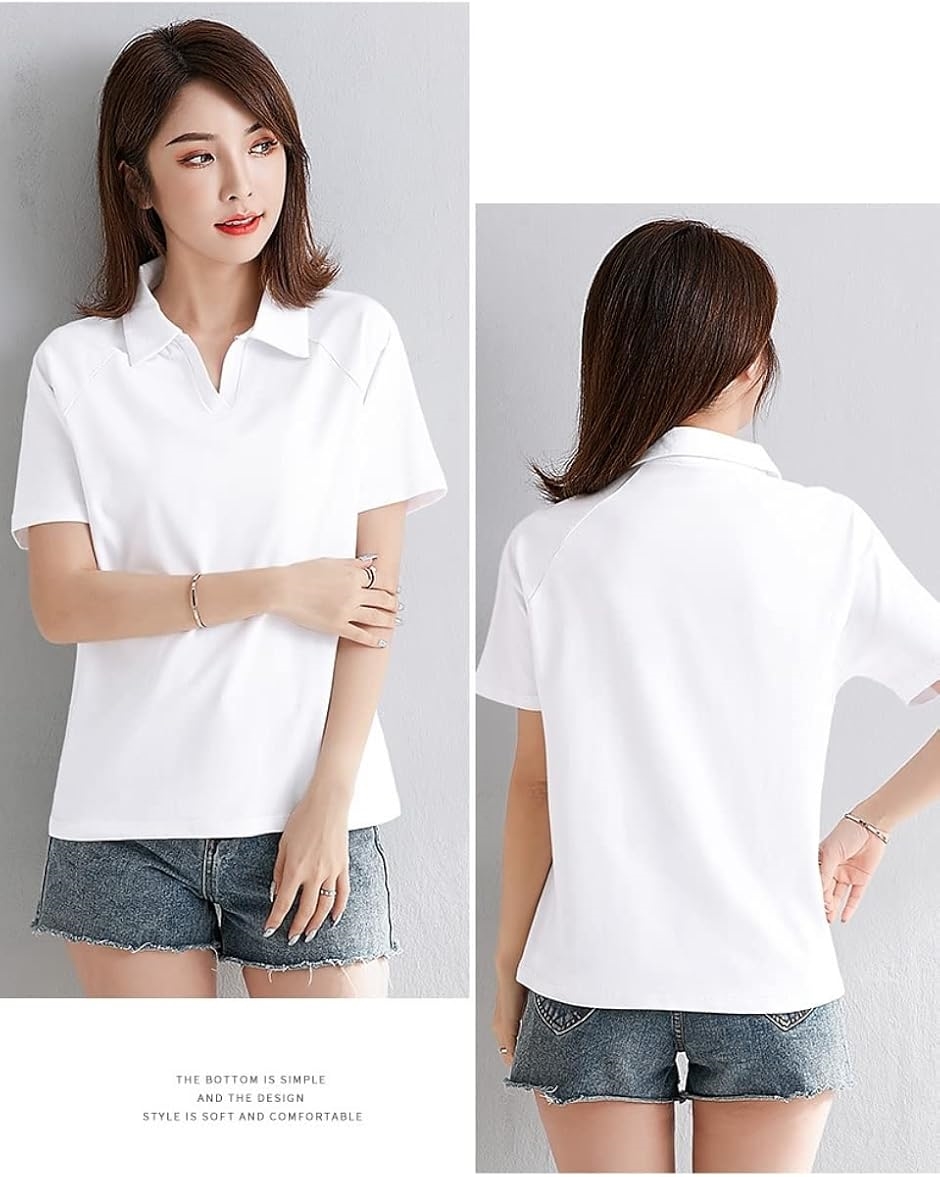 ポロ シャツ Tシャツ 半袖 無地 襟付き Vネック キレイメ レディース 白( ホワイト,  M) | ブランド登録なし | 01