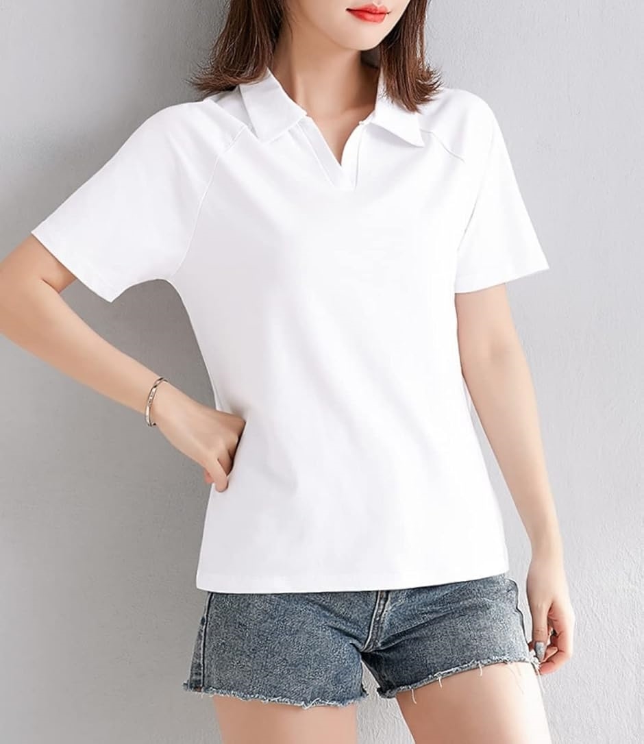 ポロ シャツ Tシャツ 半袖 無地 襟付き Vネック キレイメ レディース 白( ホワイト,  M) | ブランド登録なし | 07