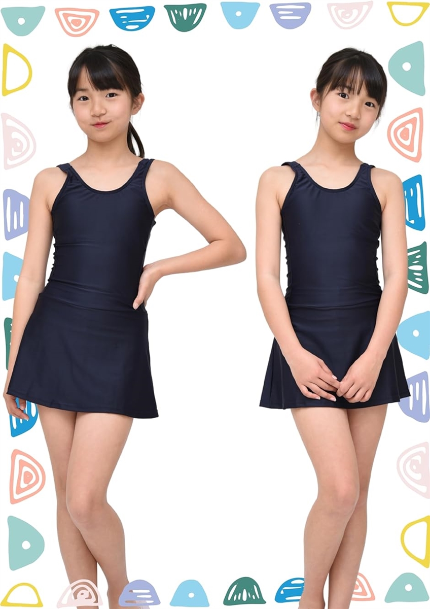JS スク水 高学年 スクール水着 女の子 スカート付き ワンピース Aライン 上下 キッズ 小学生 中学生 プール スイミング( ネイビー, 120) : セブンリーフ  - 通販 - Yahoo!ショッピング