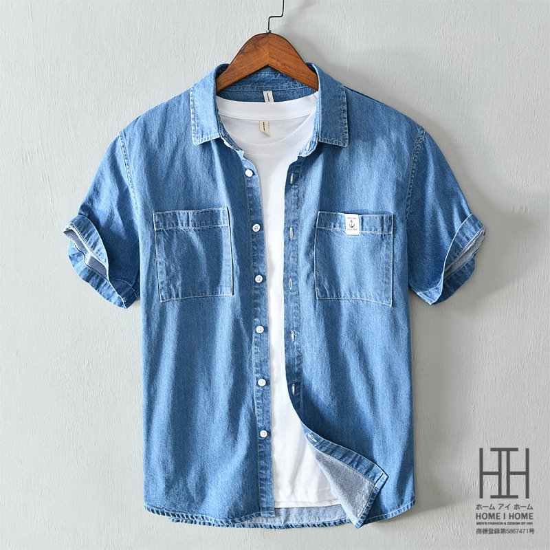デニムシャツ メンズ 半袖 ポケット付き マーク ユーズド加工 柔らかい 綿100％ カジュアルシャツ ワークシャツ 夏服 トップス | ホームアイホーム | 02