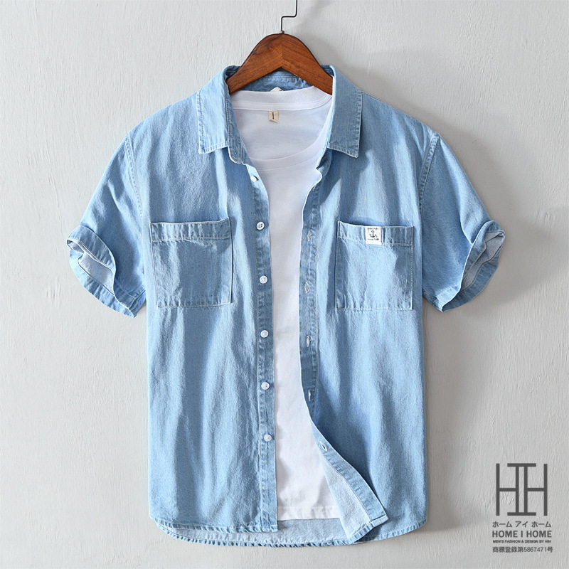 デニムシャツ メンズ 半袖 ポケット付き マーク ユーズド加工 柔らかい 綿100％ カジュアルシャツ ワークシャツ 夏服 トップス | ホームアイホーム | 01