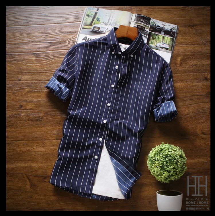 2枚目半額 セール カジュアルシャツ ストライプシャツ メンズ 七分袖 ボタンダウンシャツ ストライプ柄 カジュアル 薄手 形態安定加工 スリム 春夏 | ホームアイホーム | 05