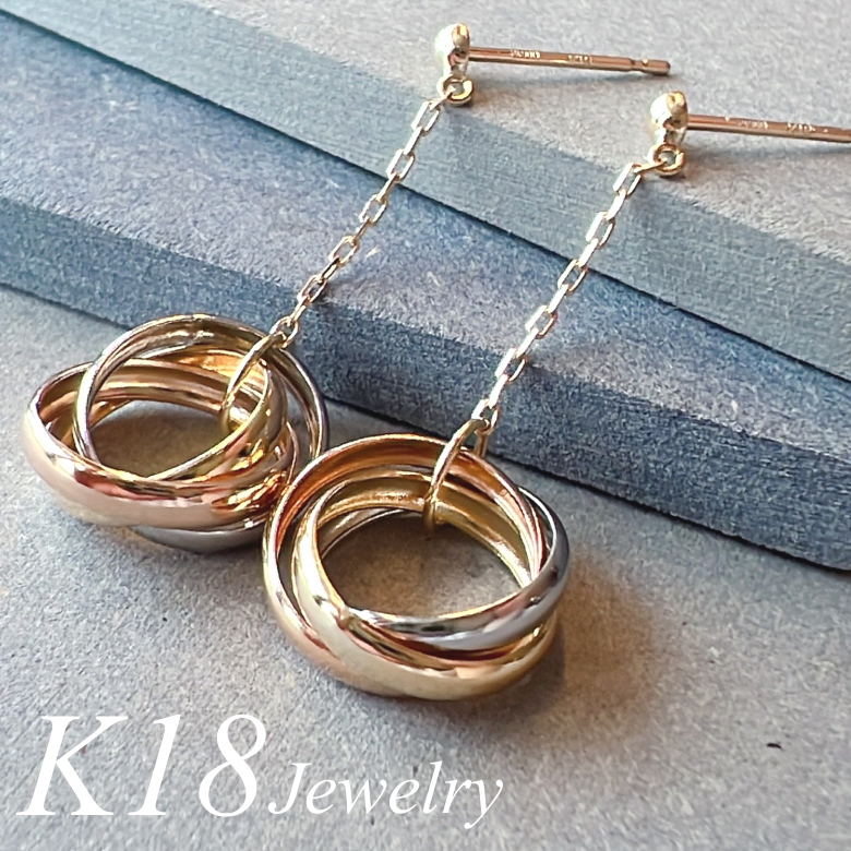 K18 K18 18金 3連ロングピアス 3連リング チェーンピアス 18金 ピアス