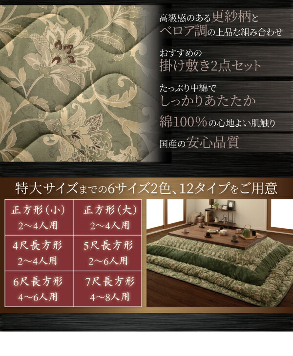 こたつ布団セット 更紗模様こたつ布団 掛布団&敷布団2点セット 正方形(75×75cm)天板対応