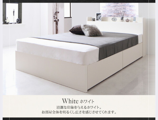 国産 棚・コンセント付き収納ベッド スタンダードポケットルコイルマットレス付き 床板仕様 【ホワイトマイクロファイバーレザープラットフォームベッド】 ダブル