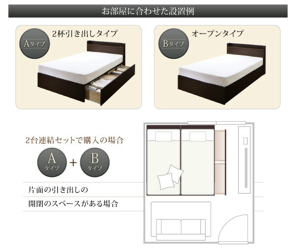 お客様組立 連結 棚・コンセント付すのこ収納ベッド スタンダードボンネルコイルマットレス付き A+Bタイプ ワイドK200_10