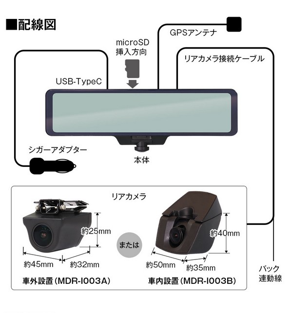 車内360°カメラ+60fps後方同時録画デジタルミラー MDR-I003A/MDR-I003B