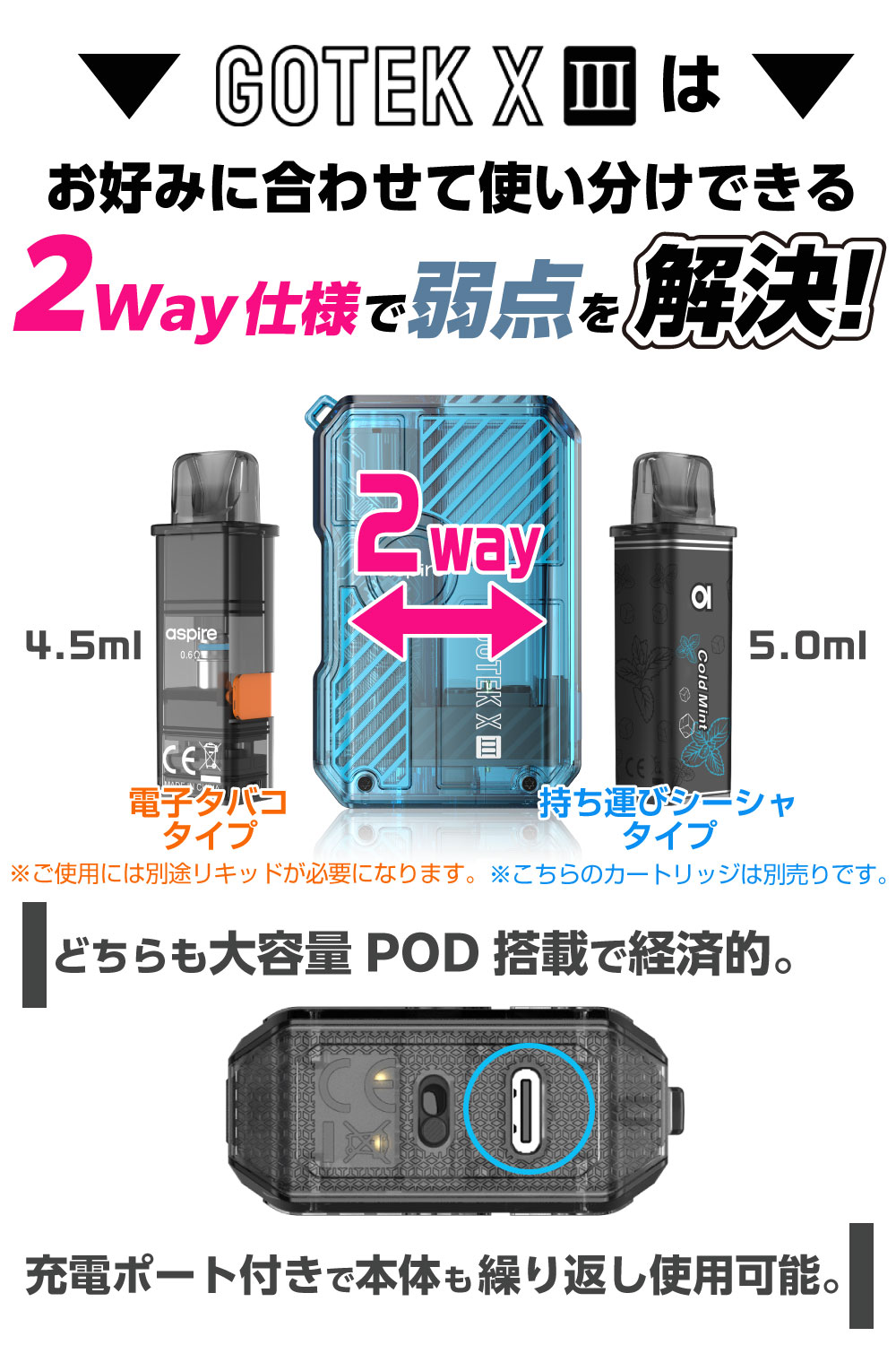Aspire GOTEK X3 持ち運び シーシャ 電子タバコ ベイプ 使い捨て POD