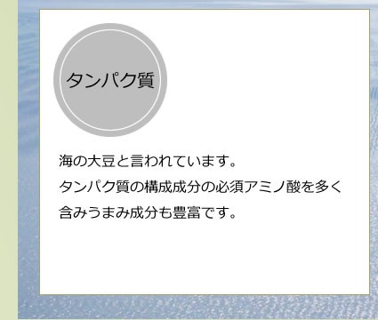 海の大豆と言われています。タンパク質の構成成分の必須アミノ酸を多く含みうまみ成分も豊富です。