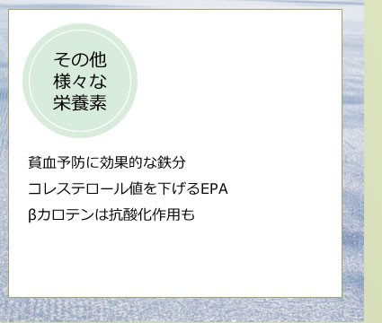 貧血予防に効果的な鉄分コレステロール値を下げるEPAβカロテンは抗酸化作用も