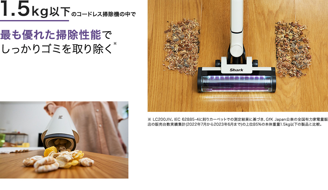 1.5kg以下のコードレス掃除機の中で最も優れた掃除性能でしっかりゴミを取り除く
