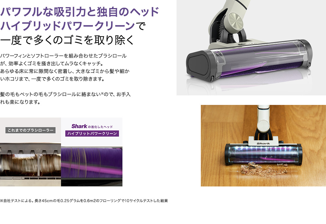 パワフルな吸引力と独自のヘッド ハイブリッドパワークリーンで一度で多くのゴミを取り除く