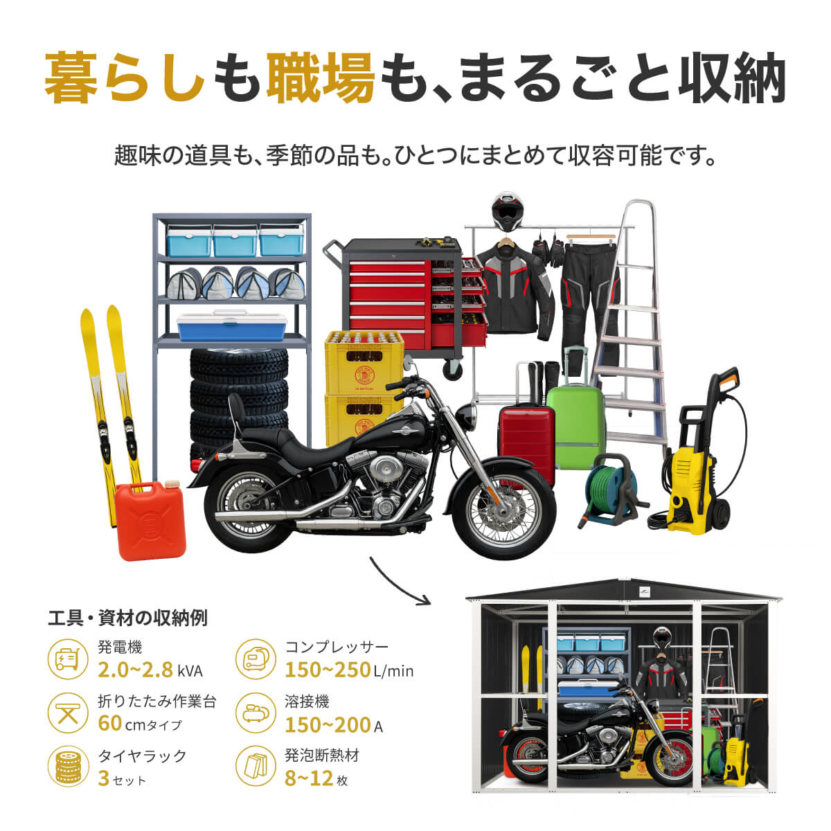 【床あり】物置 屋外 大型 メタルシェッド 幅300奥行240高さ205cm 強化フレーム 鍵付き バイク 自転車 おしゃれ 倉庫 10x8フィート 引き戸の画像