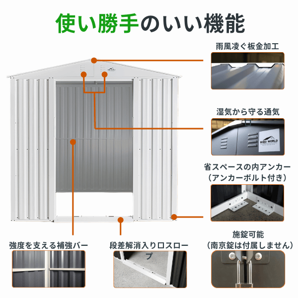 物置 屋外 大型 おしゃれ 収納庫 倉庫 スチール物置 メタルシェッド 物置小屋 ６x４フィート 引き戸 ホワイト