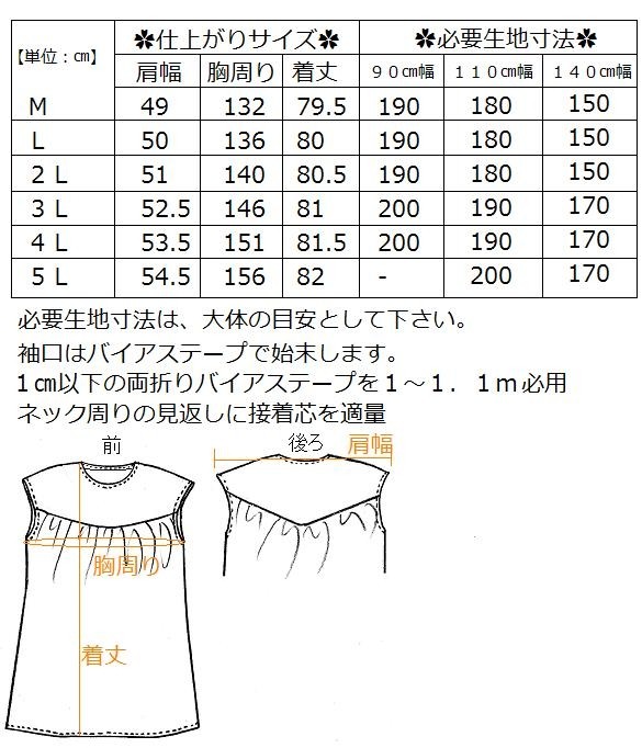 フレンチスリーブチュニック型紙（Ｍ〜５Ｌ）