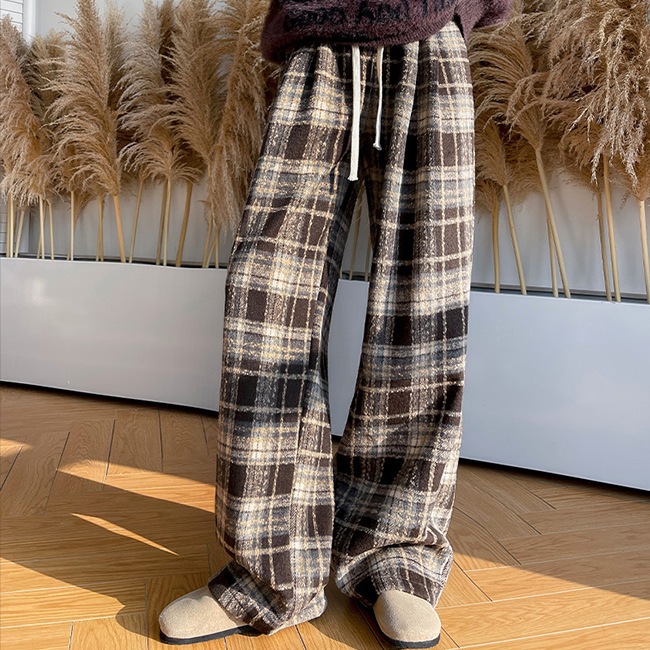 裏起毛 ワイドパンツ チェック柄パンツ レディース 秋 冬 ボトムス