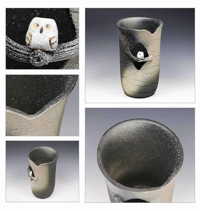 信楽焼傘立て  黒釉ふくろう彫 高さ27cm 傘立て 陶器 信楽焼 おしゃれ スリム フクロウ 傘入れ モダン シンプル