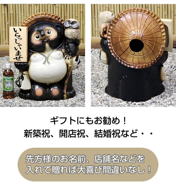 信楽焼 17号ふくろう付き表札狸 名前入れ 福を呼ぶ縁起物 たぬき