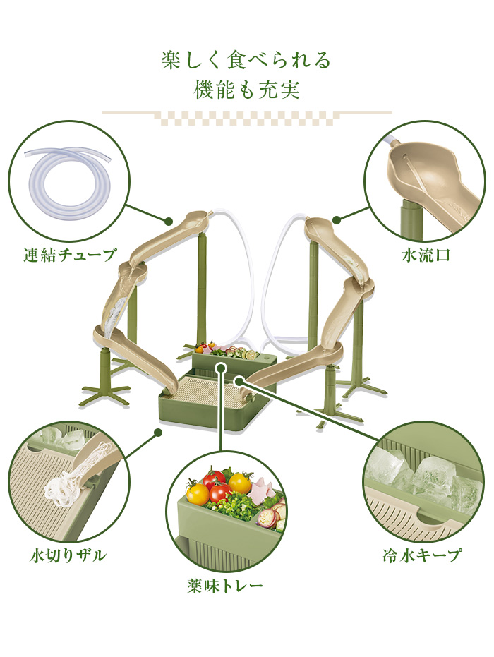 ドウシシャ 流しそうめん器 電池式 最長1.7m 水切りザル 薬味トレー付