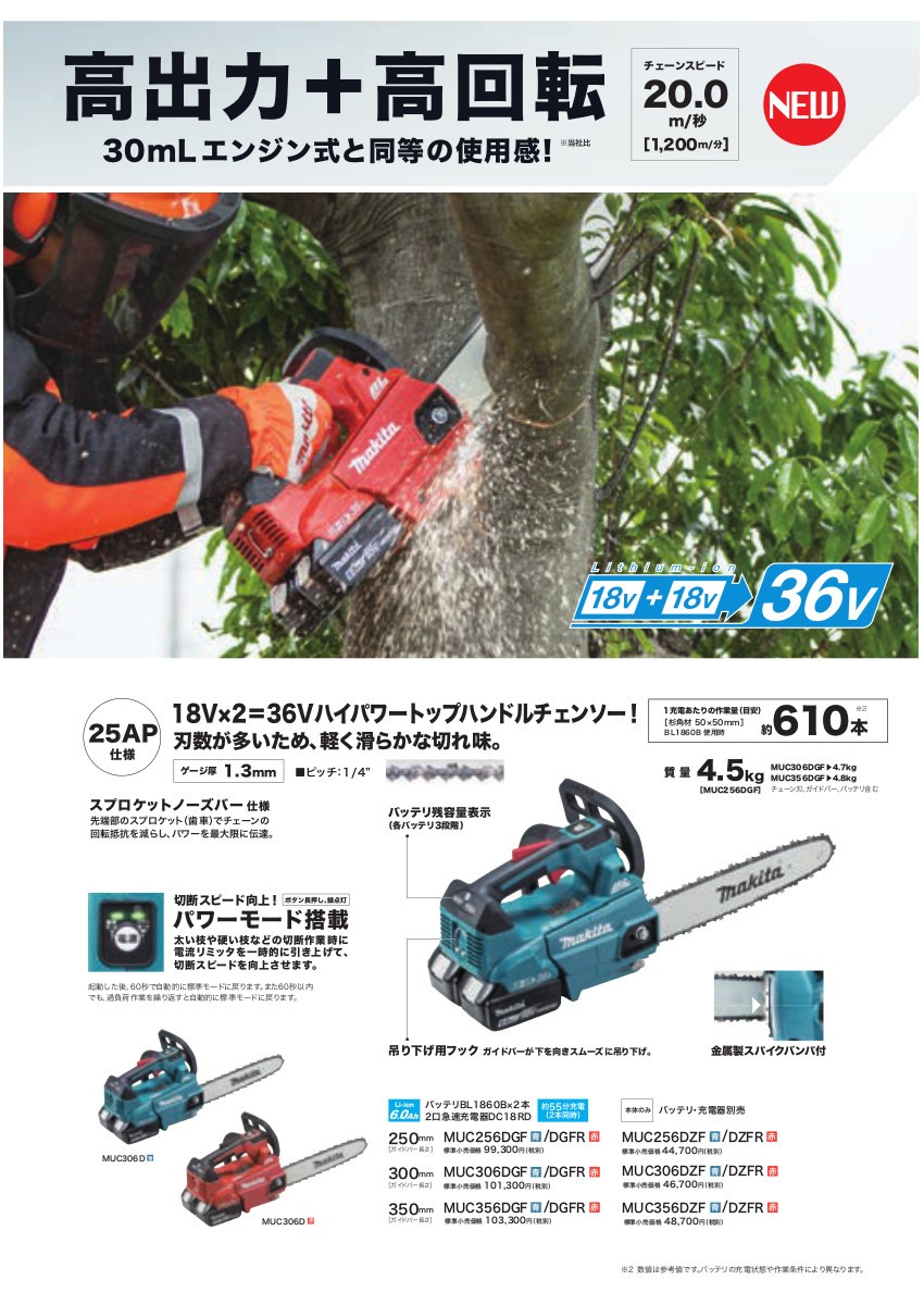 マキタ MUC356DGF 350mm充電式チェンソー(青) 36V(18Vを2本差し)(6.0Ah