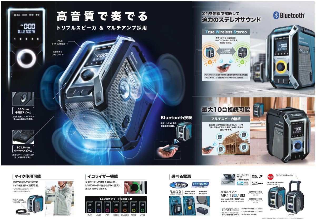 日本製即納 マキタ MR113 充電式ラジオ(青)Bluetooth対応 (ACアダプタ