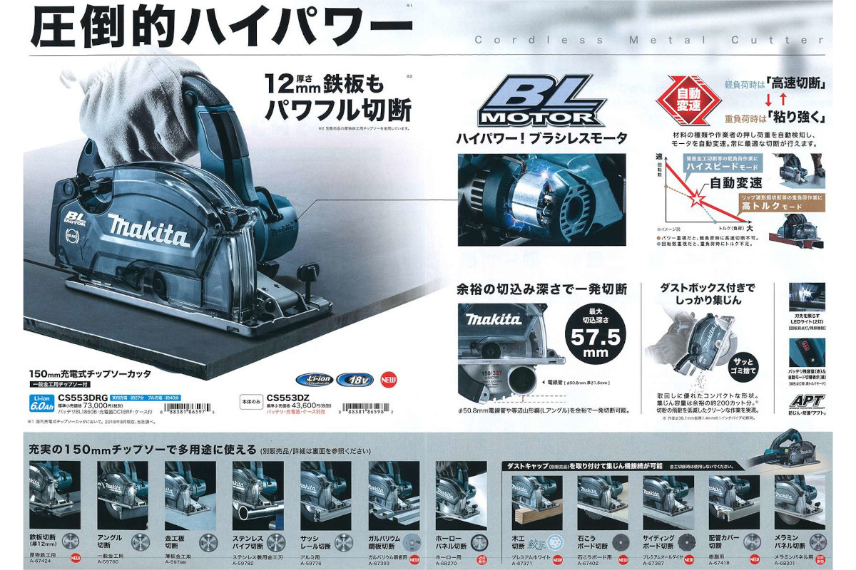 マキタ CS553DZS 150mm充電式チップソーカッタ 18V (※本体のみ マキタ CS553DZS 150mm充電式チップソーカッタ 18V (※本体のみ