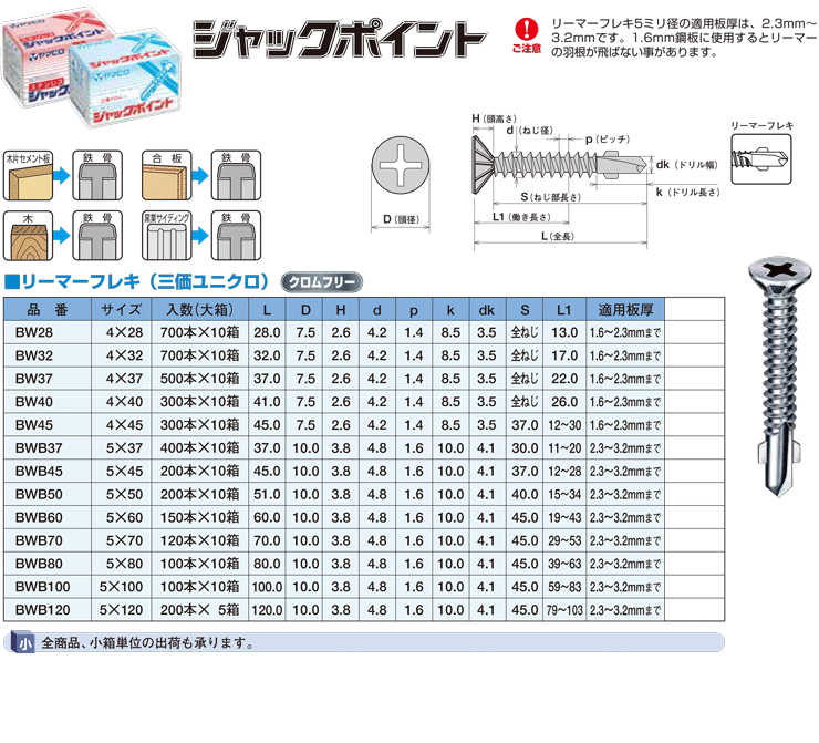 ヤマヒロ ジャックポイント リーマフレキ BW45 (4×45) 300本×10箱　