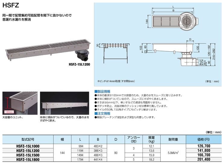 中部コーポレーション トラップ付排水ユニット SUSグレーチング深型