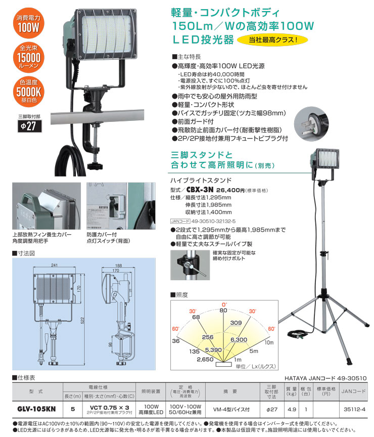 HATAYA（ハタヤ） 100W 軽便LED投光器 (屋外用) GLV-105KN 100W 5m