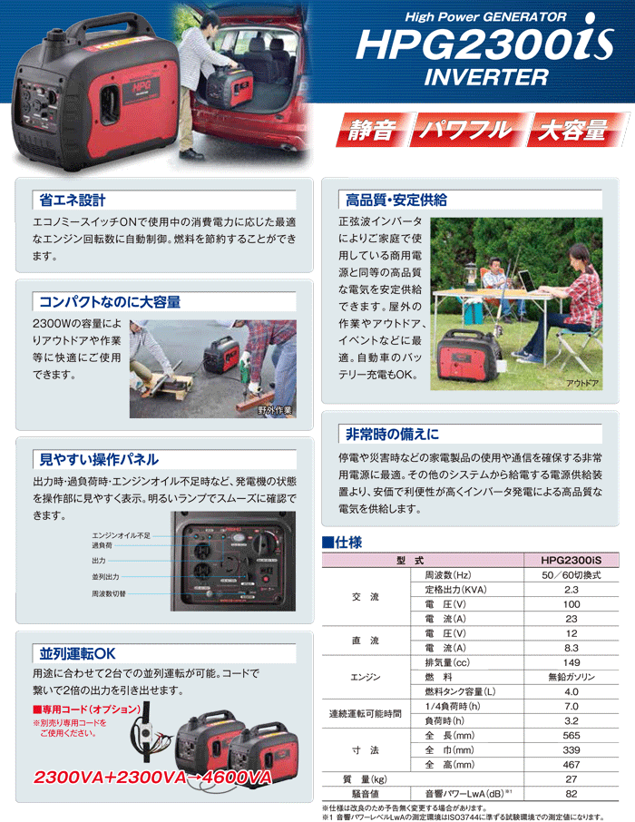 ワキタ インバーター発電機 HPG2300iS (定格出力2.3KVA) 非常用電源