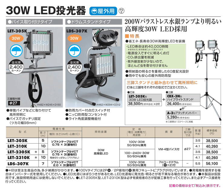 LED投光器　(屋外用)　LDS-307K　ドラムスタンドタイプ　7mコード　30W　ハタヤ