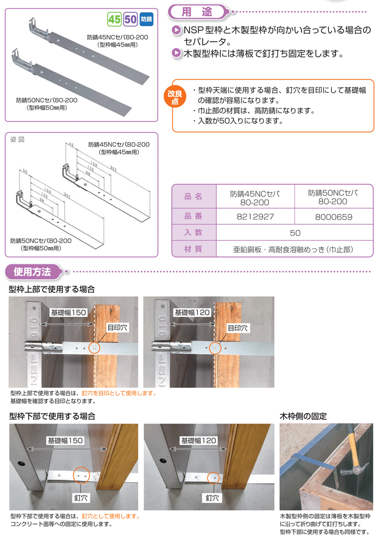 NSP 型枠45mm幅NSP用 防錆45NCセパ 80-200 (50入) 品番8212927 - 金物