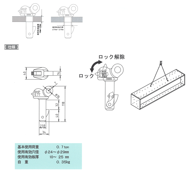 日本クランプ(株) 穴吊具 RHP-700 (0.7トン・有効板厚10-25mm) : 清水