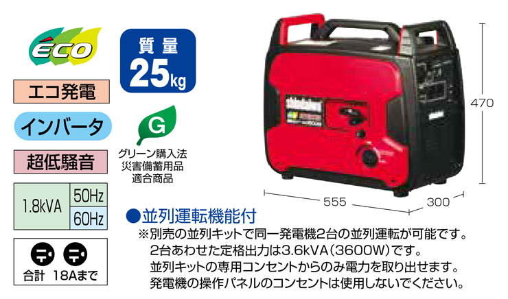 やまびこ インバーター発電機 IEG1800M-Y 定格出力1.8kVA 防音型