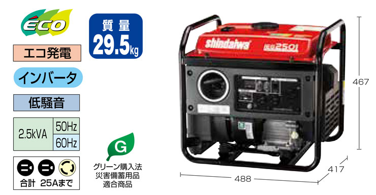 やまびこ インバーター発電機 IEG2501 定格出力2.5kVA 低騒音 ガソリン