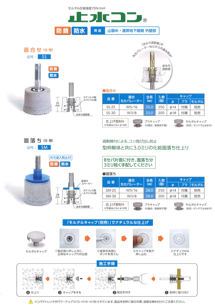 先付け埋めコン 止水コン SS-25 丸セパW5/16用・面合せ プラキャップ付