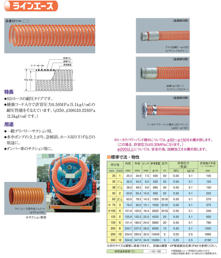 サクションホース ラインエース 呼び径75mm 内径76.2mm×外径92.0mm 10m